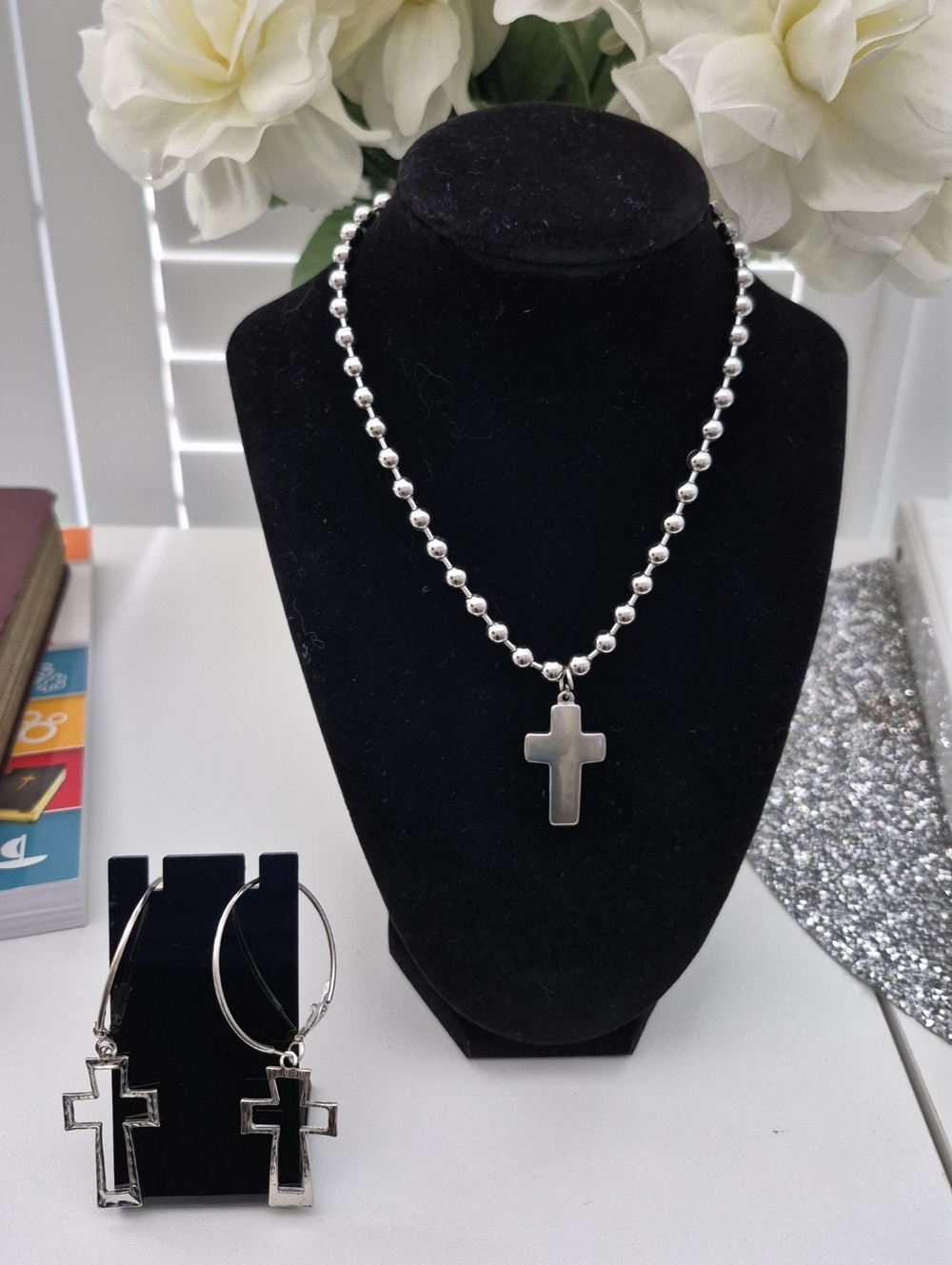 Classic Silver Cross Bead Necklace - Women's Jewelry